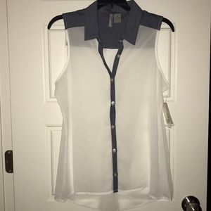 New direction blue jean trimmed sheer shirt